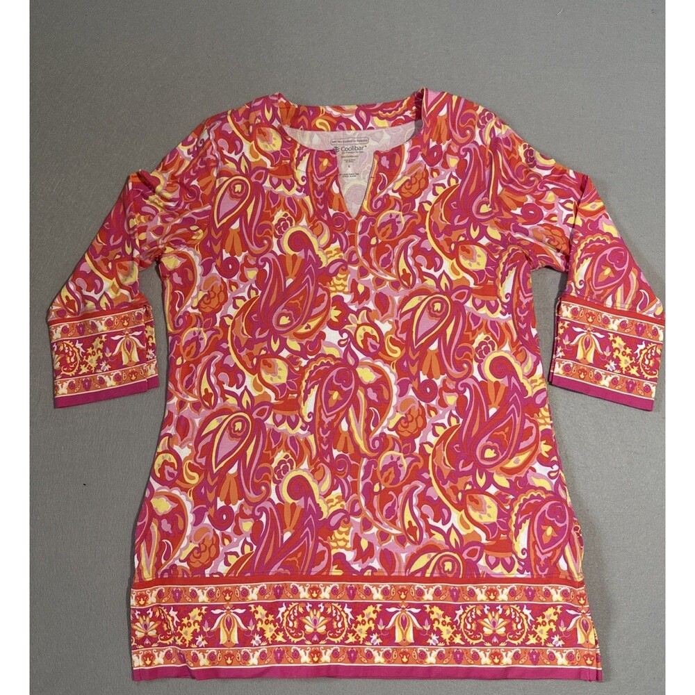 Coolibar Women's St. Lucia Tunic Top Pink Orange Paisley UV Protection 50+ Large